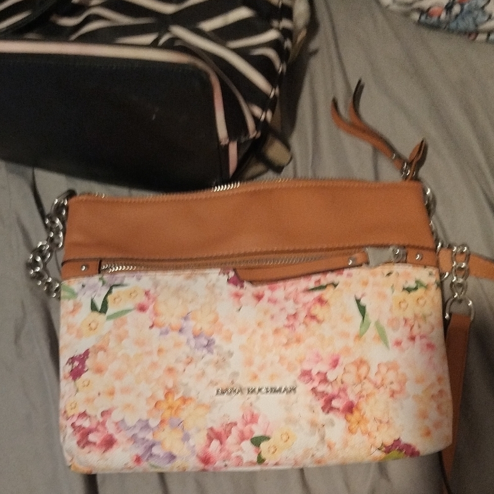 Emma Fox Tan and Pink Crossbody Bag with Floral Design